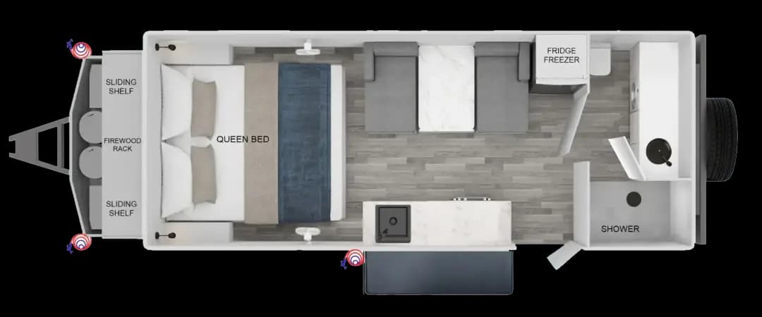 Vision RV Elysium 19'6 Couples floorplan showing front queen bed, central entry opposite kitchen bench, rear L-shaped lounge with table and fridge freezer, and rear corner shower
