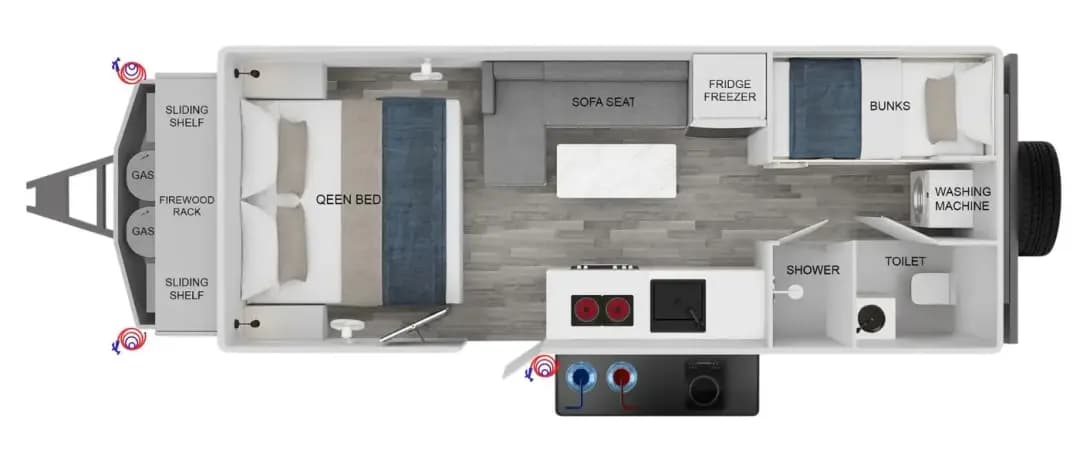 Floorplan of Vision RV Elysium 21'6 Family caravan showing front queen bed, central sofa and kitchen, rear bunks with washing machine, and separate shower and toilet
