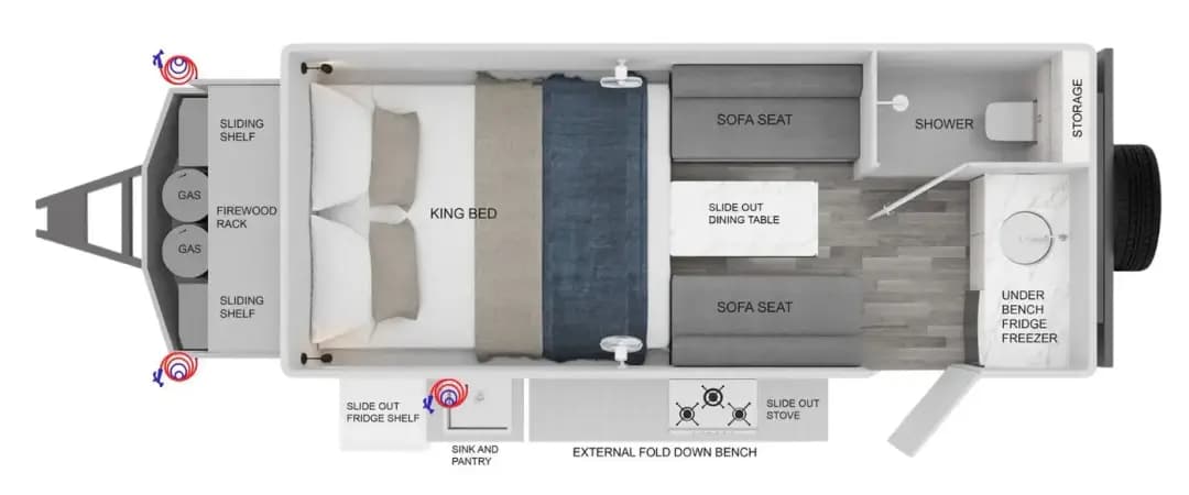 Floorplan of Vision RV Nirvana 14' Poptop showing front king bed, side sofa seats with slide-out dining table, rear shower and under-bench fridge, plus external stove, sink, fridge shelf and storage