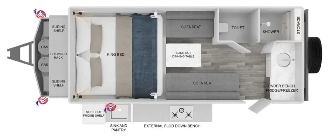 Floorplan of Vision RV Nirvana 16'C showing front king bed, central lounge with two sofa seats and slide-out dining table, rear toilet and shower, side storage and under-bench fridge, plus external sink, pantry and fold-down bench with slide-out f...